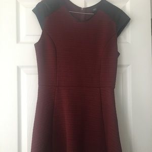 Burgundy A-line dress with faux leather shoulder